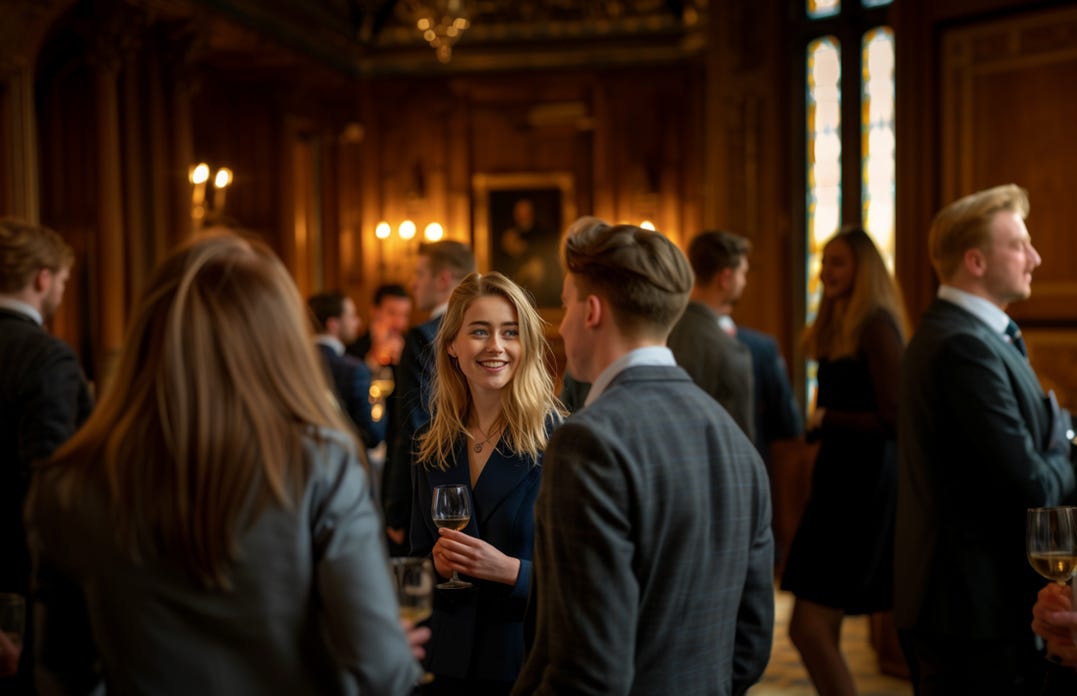 an image of a function in a grand hotel with guests mingling and talking with each other