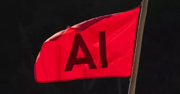 A red warning flag on a pole with the letters AI on the flag in black