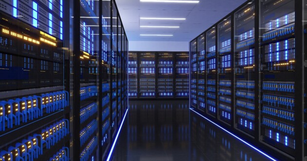 Shot of Data Center With Multiple Rows of Fully Operational Server Racks. Modern Telecommunications, Artificial Intelligence,large server area,3d rendering