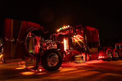 Kaleb Hammett's 2019 Peterbilt 389, 'Hoss,' at night