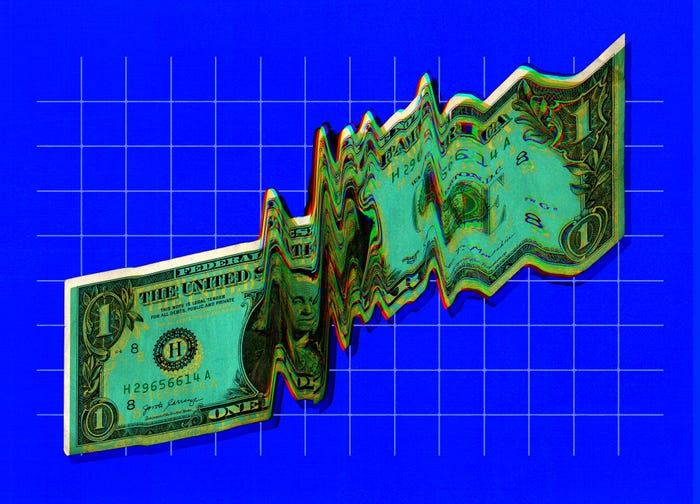 An illustration of a warped, glitchy dollar bill.