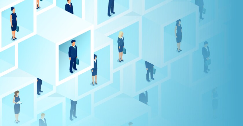 digital illustration of people in business suits separated into cubes on a wall