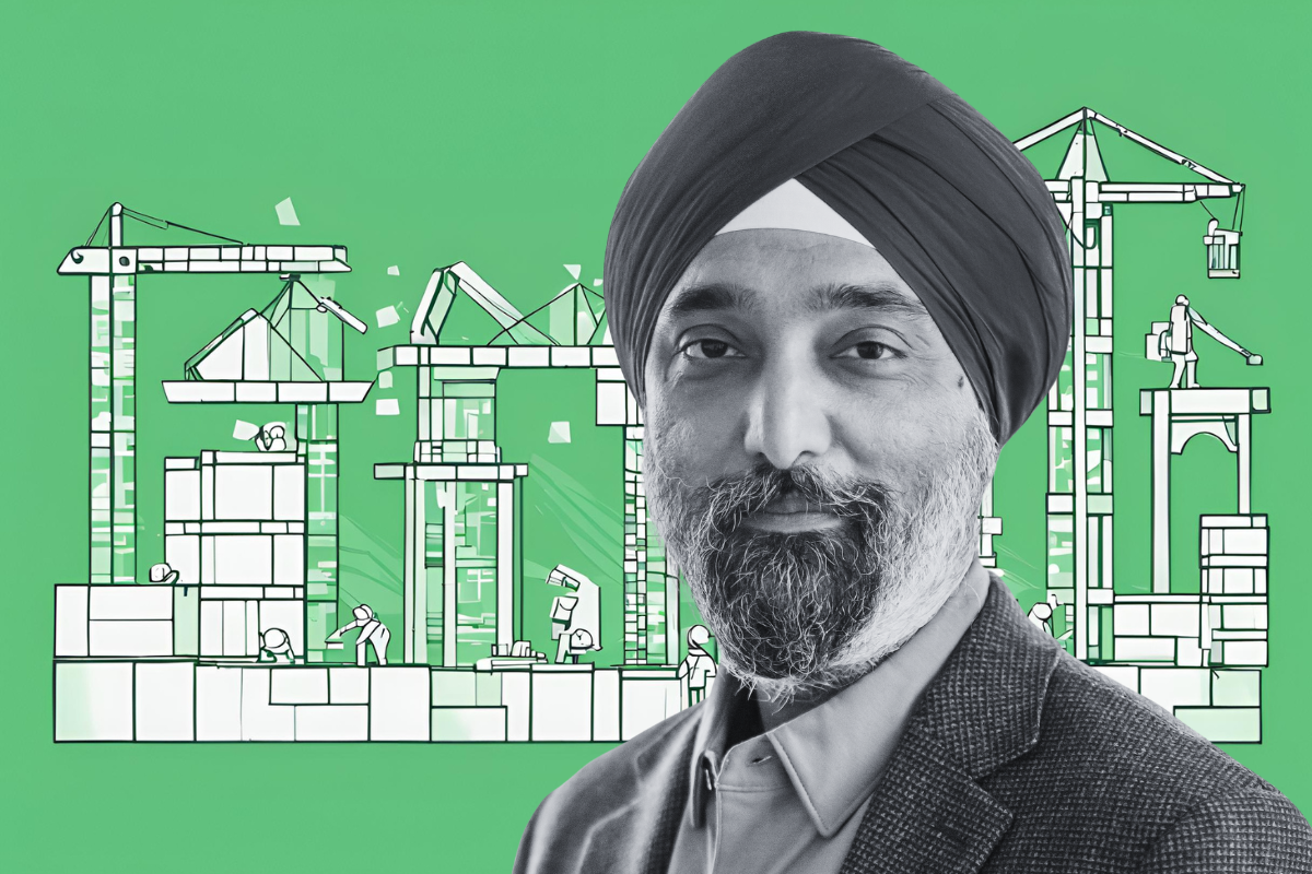 Headshot of Gurdeep Singh Kohli with a drawing of construction work behind him