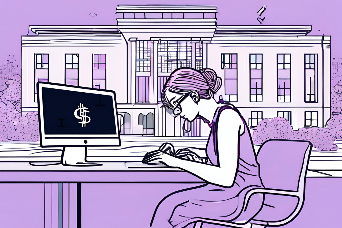 LIne drawing of a woman on a computer in front of academic buildings
