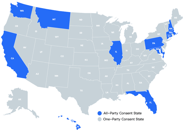 Map of all-party and one-party consent states