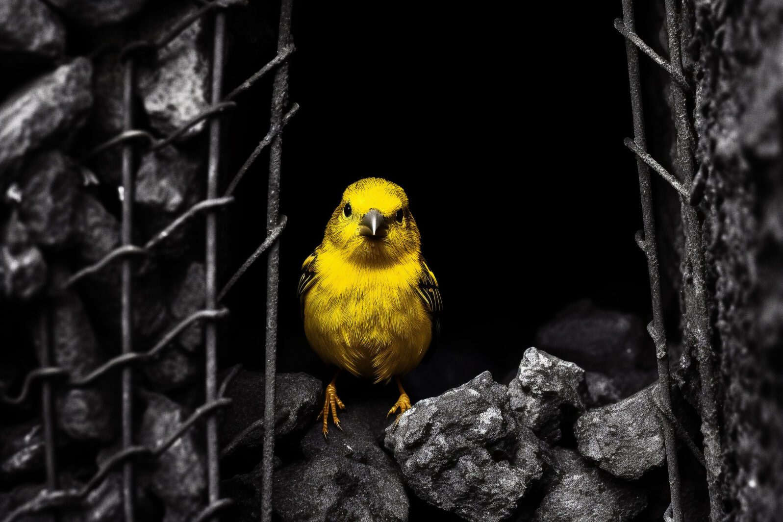 Illustration of a canary in a coal mine.  Generative AI.