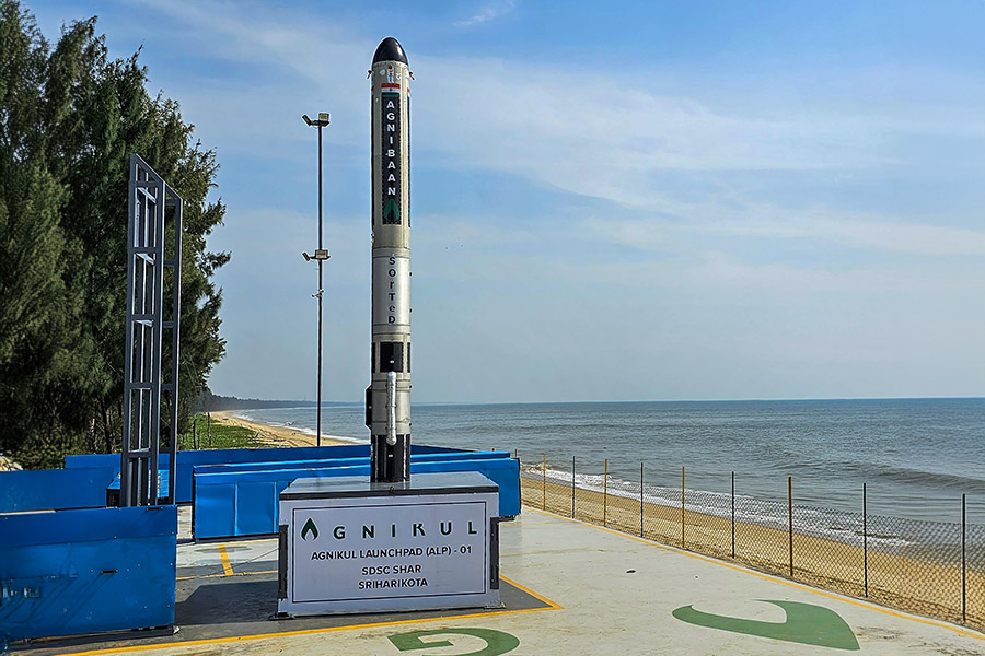 Agnibaan Suborbital Technological Demonstrator (SOrTeD) rocket of Chennai-based Agnikul Cosmos sits on the launch pad at Satish Dhawan Space Centre, in Sriharikota. Image: PTI Photo