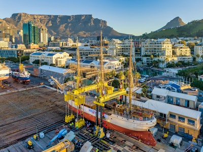 Vanguard completed a complex lifting operation to upright a barque rigged sailing vessel named the Europa, weighing 650 tons and measuring 44.5 meters long, 7.45 meters wide and lying at approximately 38 degrees to starboard after having shifted 1.2 meters off center of the keel dollies.