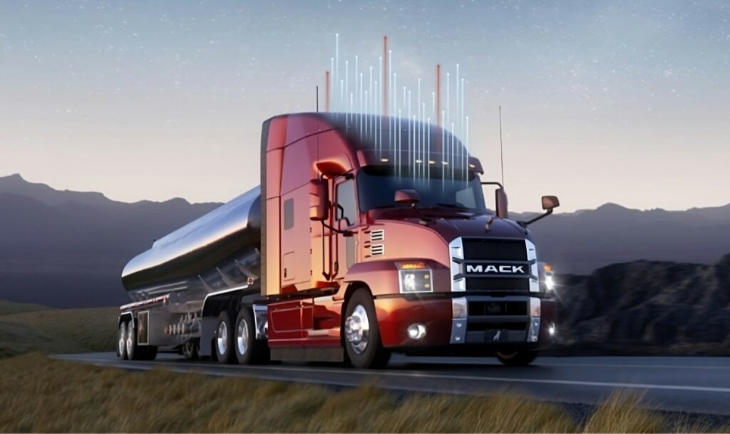 Mack truck on highway displaying connectivity