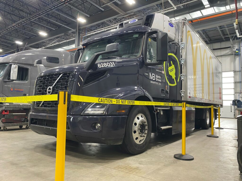 Volvo VNR electric in shop