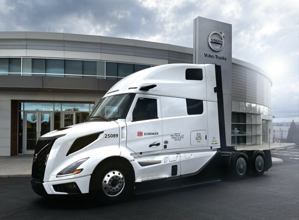 DB Schenker truck in dealer lot with camera mirror system